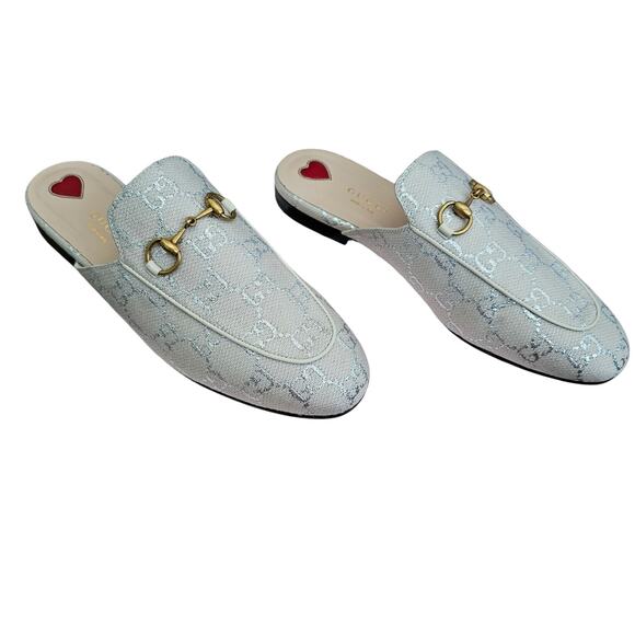 Gucci GG Princetown Horsebit Flat Mule Slipper Canvas White Silver Size 37 US 7 - Picture 3 of 12